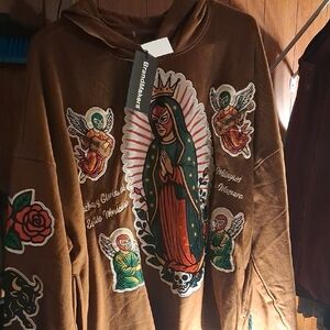 Old West Brown Graphic Hoodie with Multicolor Virgin Mary Design